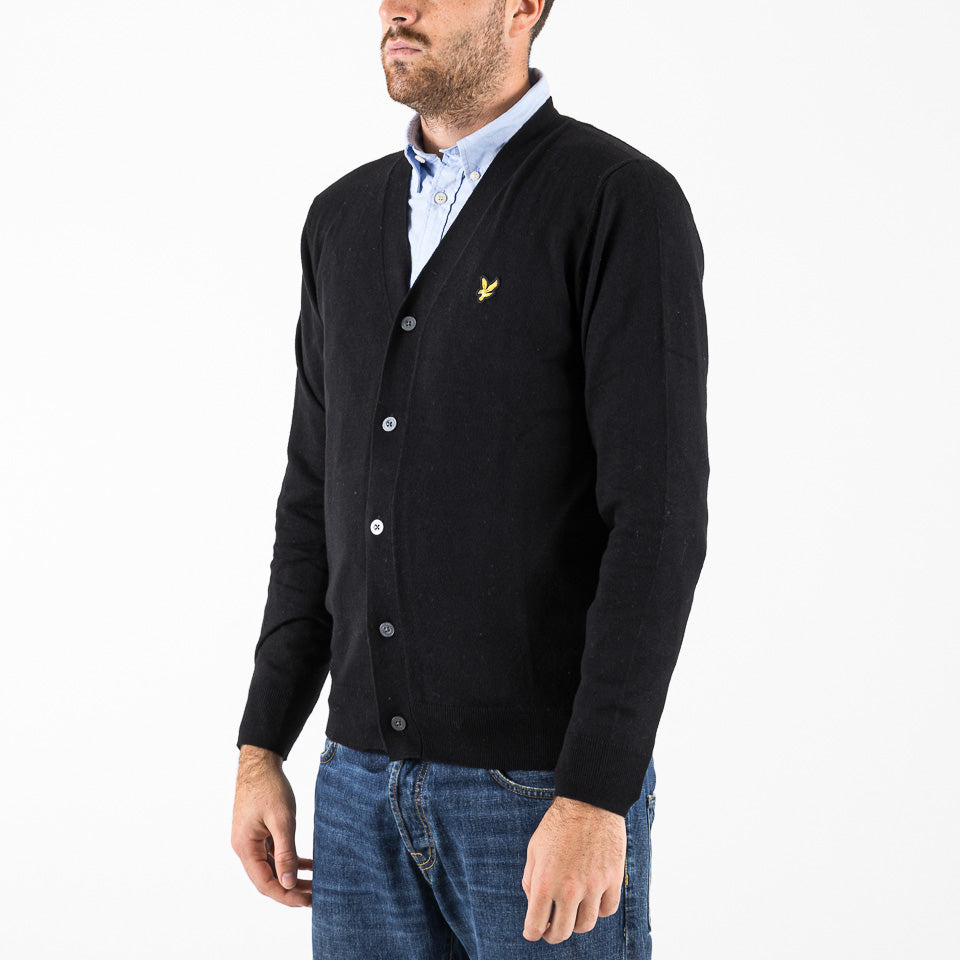 Cotton merino V neck cardigan nero