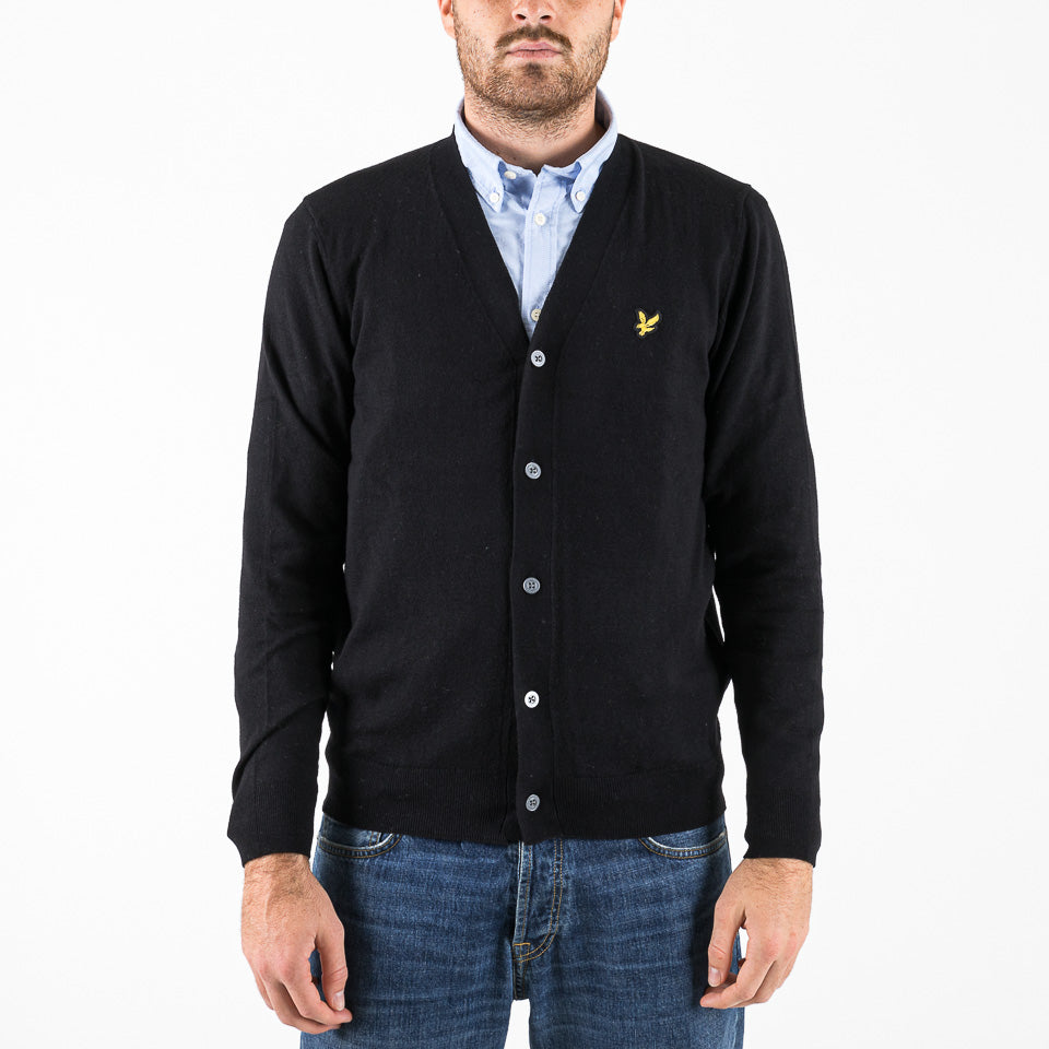 Cotton merino V neck cardigan nero