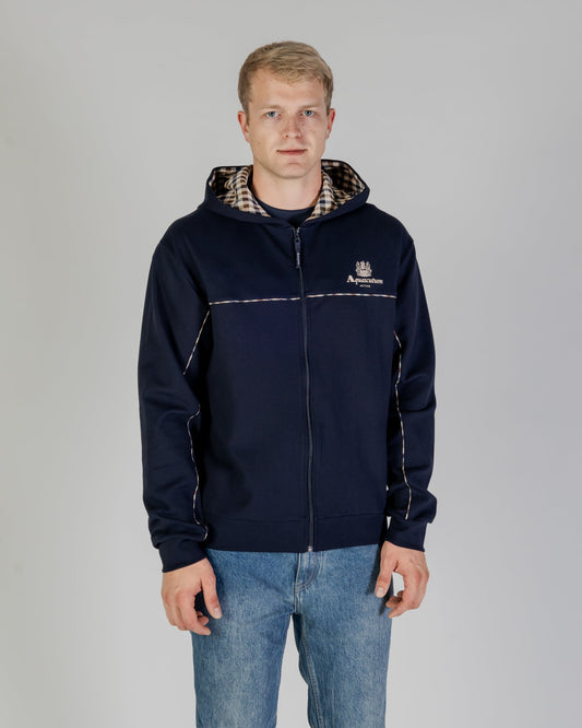 Felpa full zip cappuccio blu navy/check