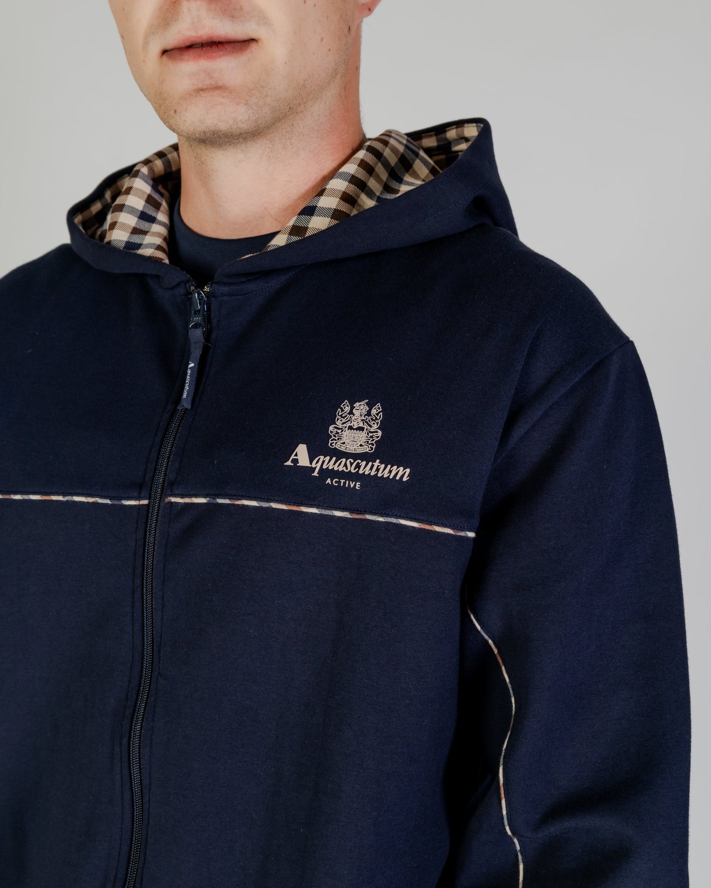 Felpa full zip cappuccio blu navy/check