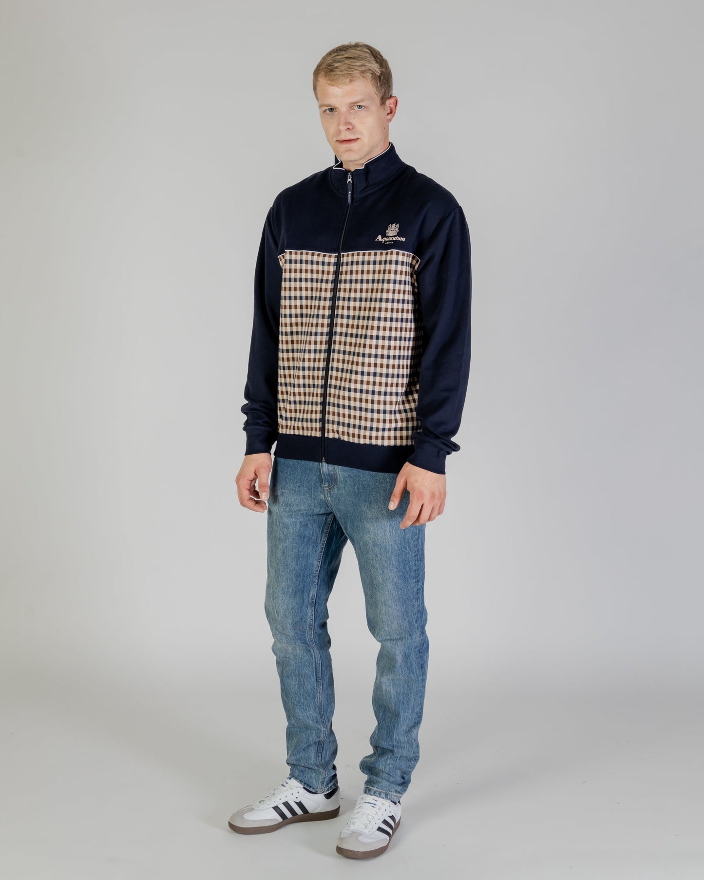 Felpa full zip check mockneck blu navy