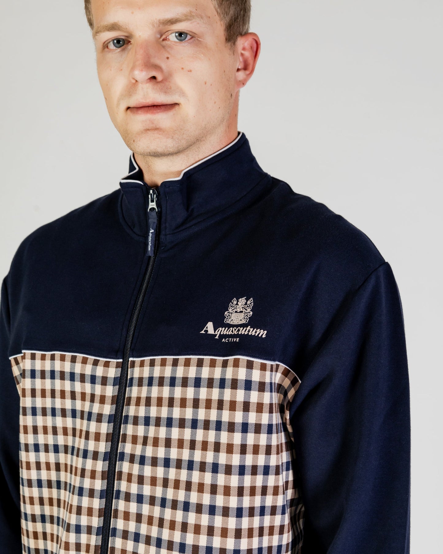 Felpa full zip check mockneck blu navy