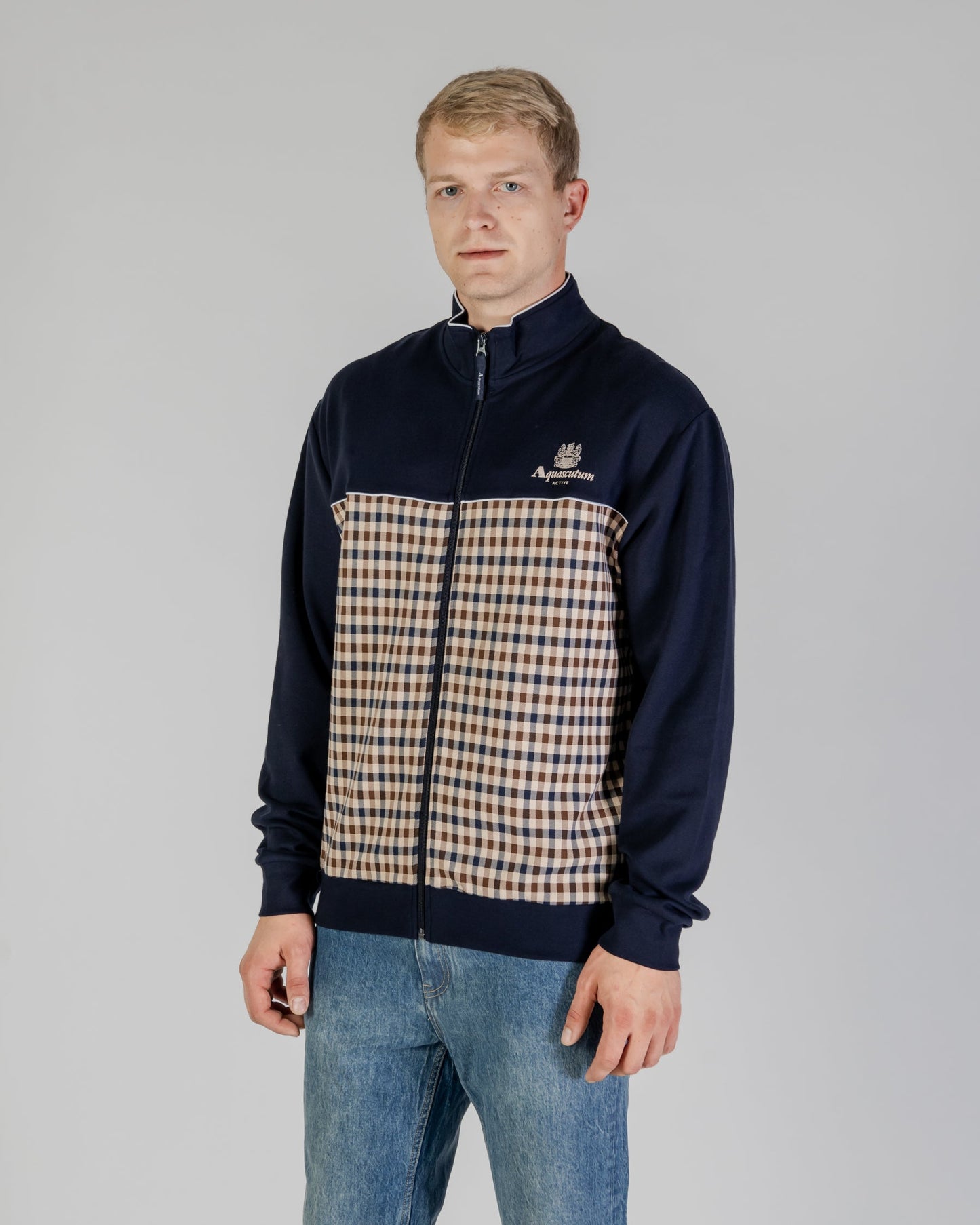 Felpa full zip check mockneck blu navy