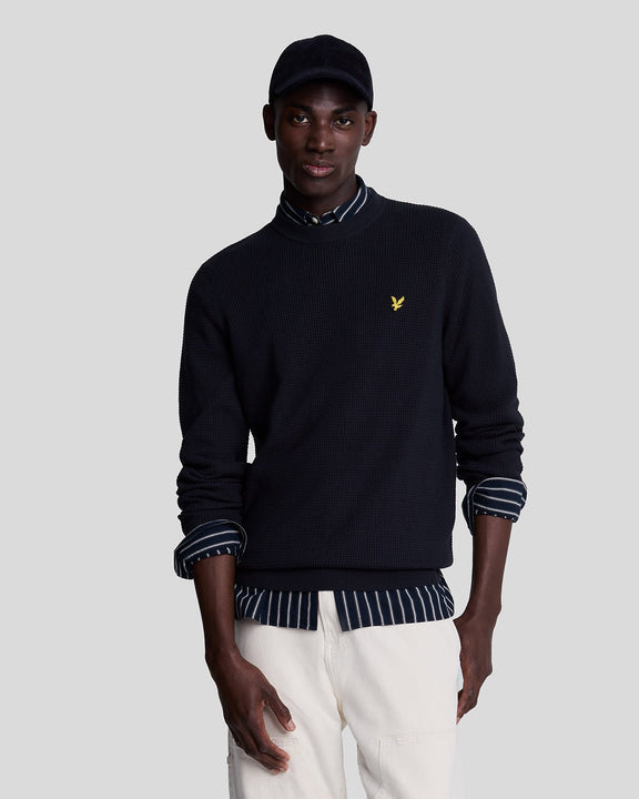 Grid knit crew neck jumper blu navy